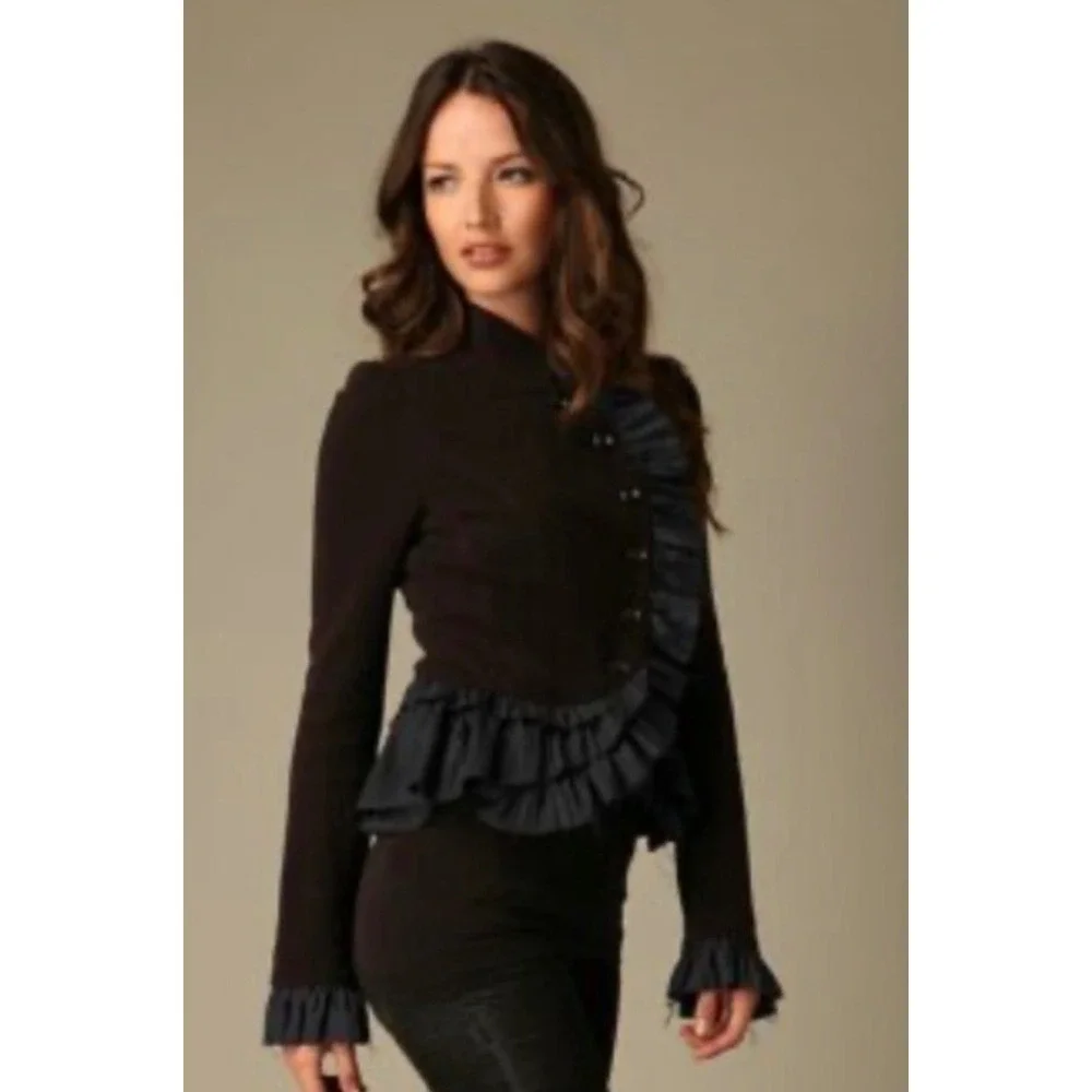 Free People Military Ruffle Jacket Womens 4 Black Excellent Victorian Peplum